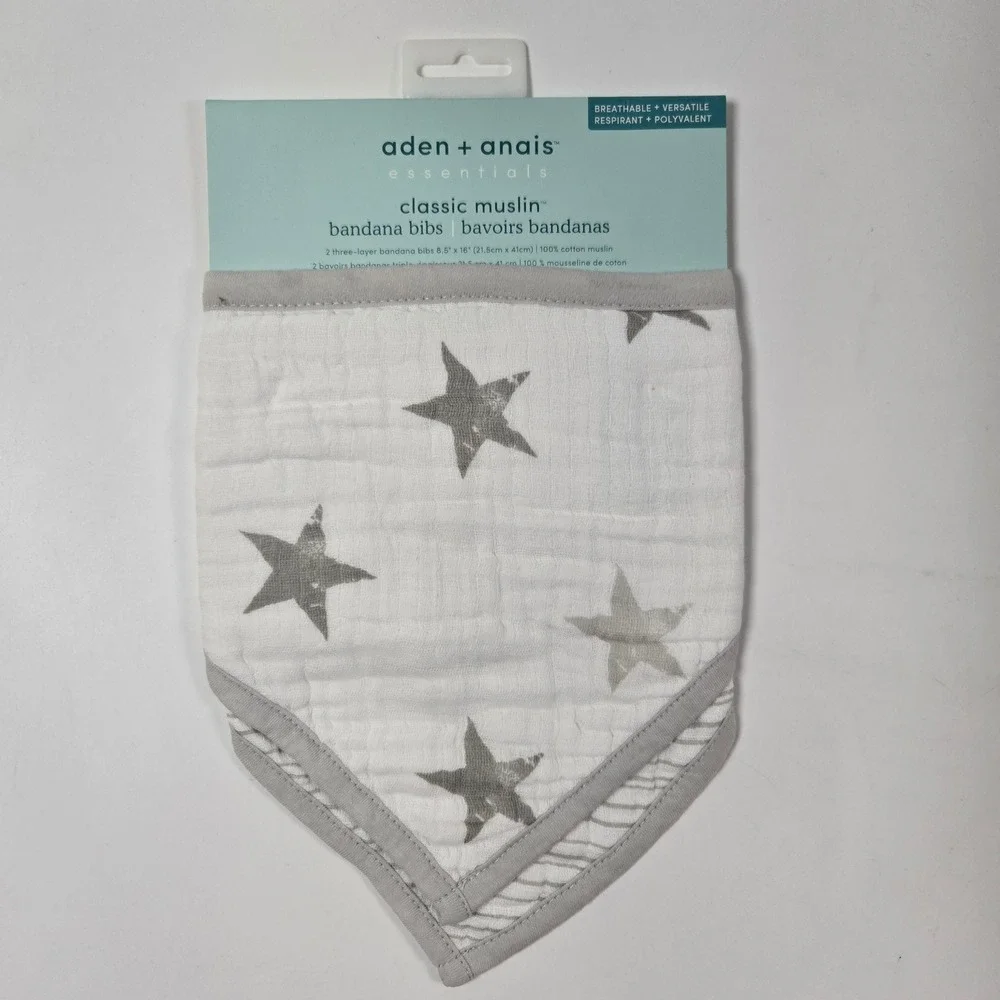 aden + anais Bandana Bibs Kids OS White Gray Star Stripe Muslin 2-Pack NEW
